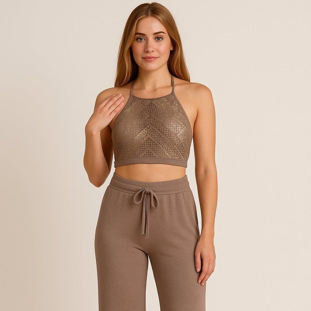 Like New Free People Taupe High Neck Crop Top & Talulah Lounge Pants 2-Piece Set